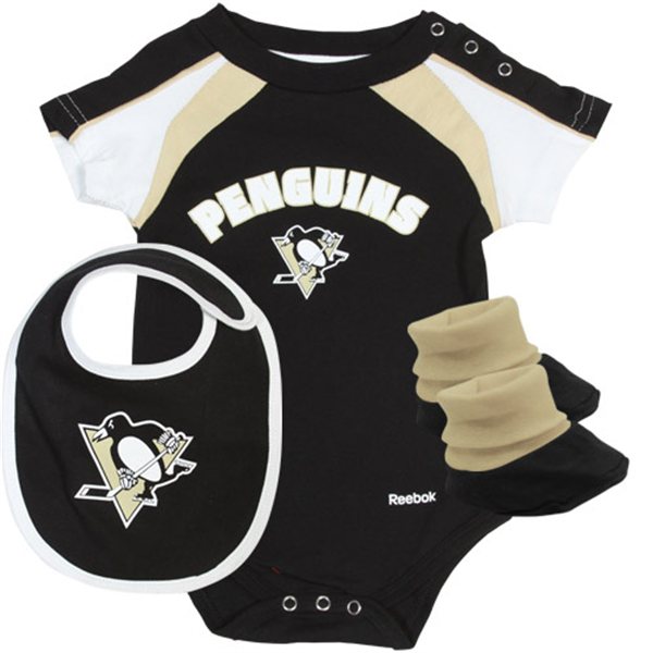 Reebok Pittsburgh Penguins Newborn Creeper, Bib & Booties Set – Black